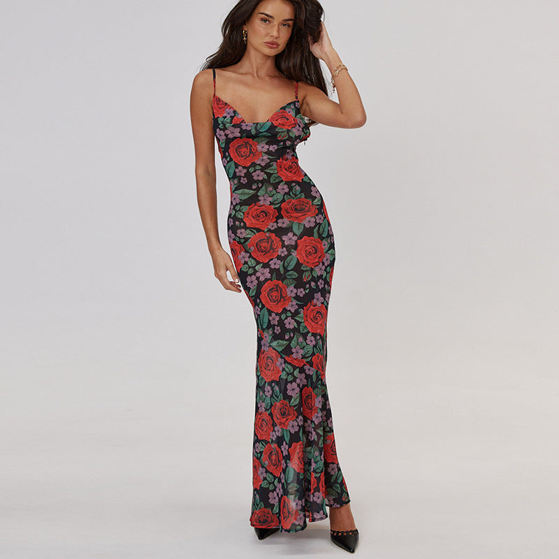 Wholesale  spring  fashion new sexy V-neck  all-match slim-fit long printed sling dress women